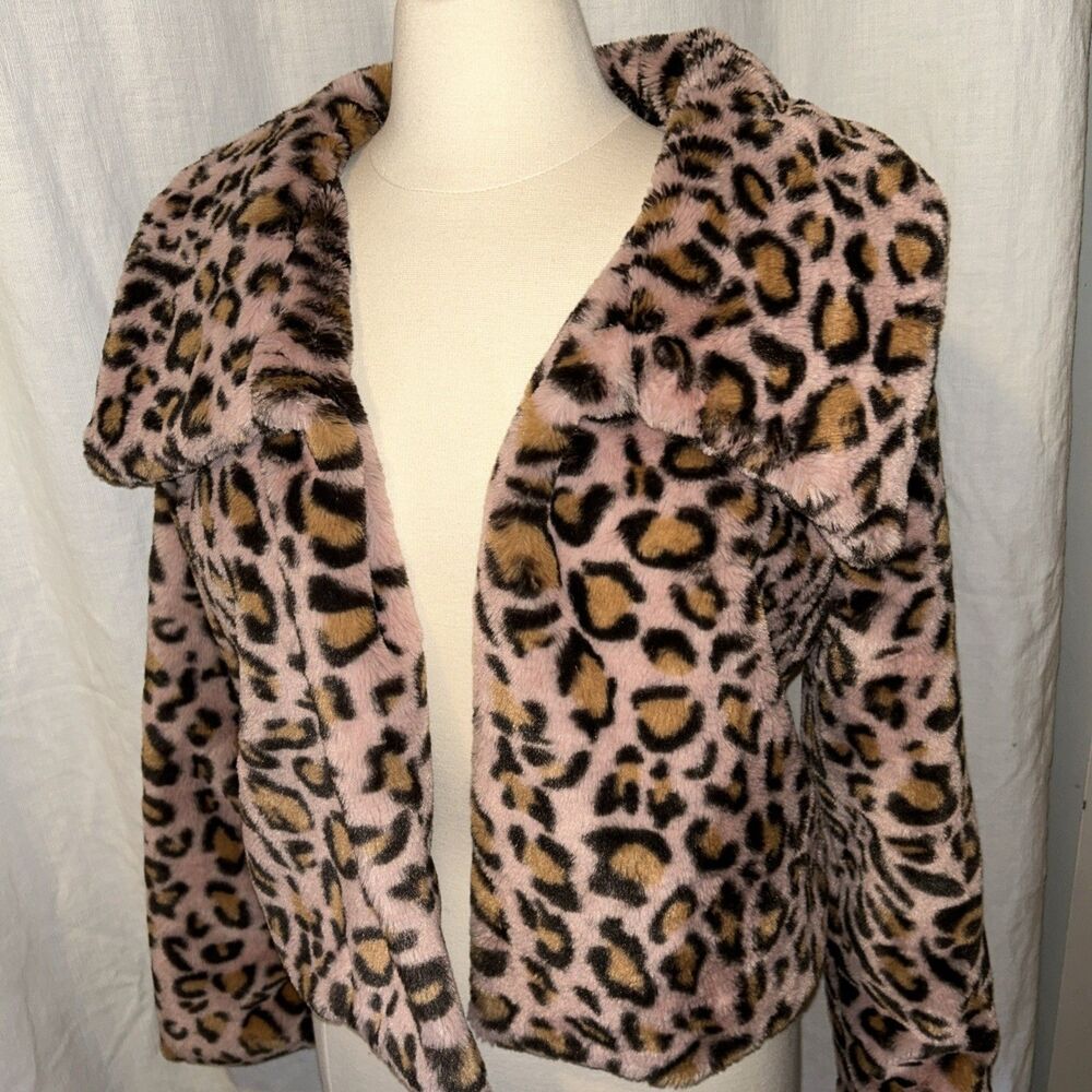 Candie's Leopard Print Faux Fur Pink Coat Jacket Size Medium Y2K Soft Plush